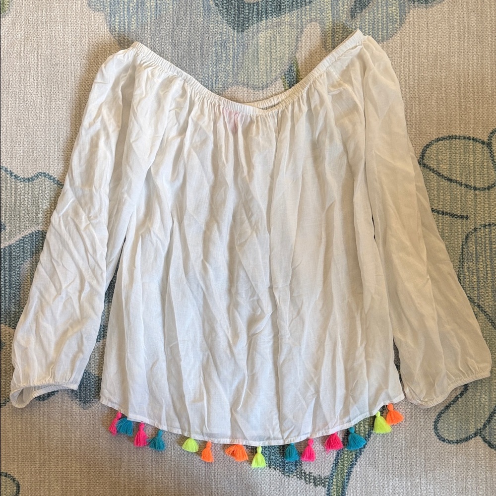 Lilly Pulitzer White Off-Shoulder Top with Multicolor Tassels